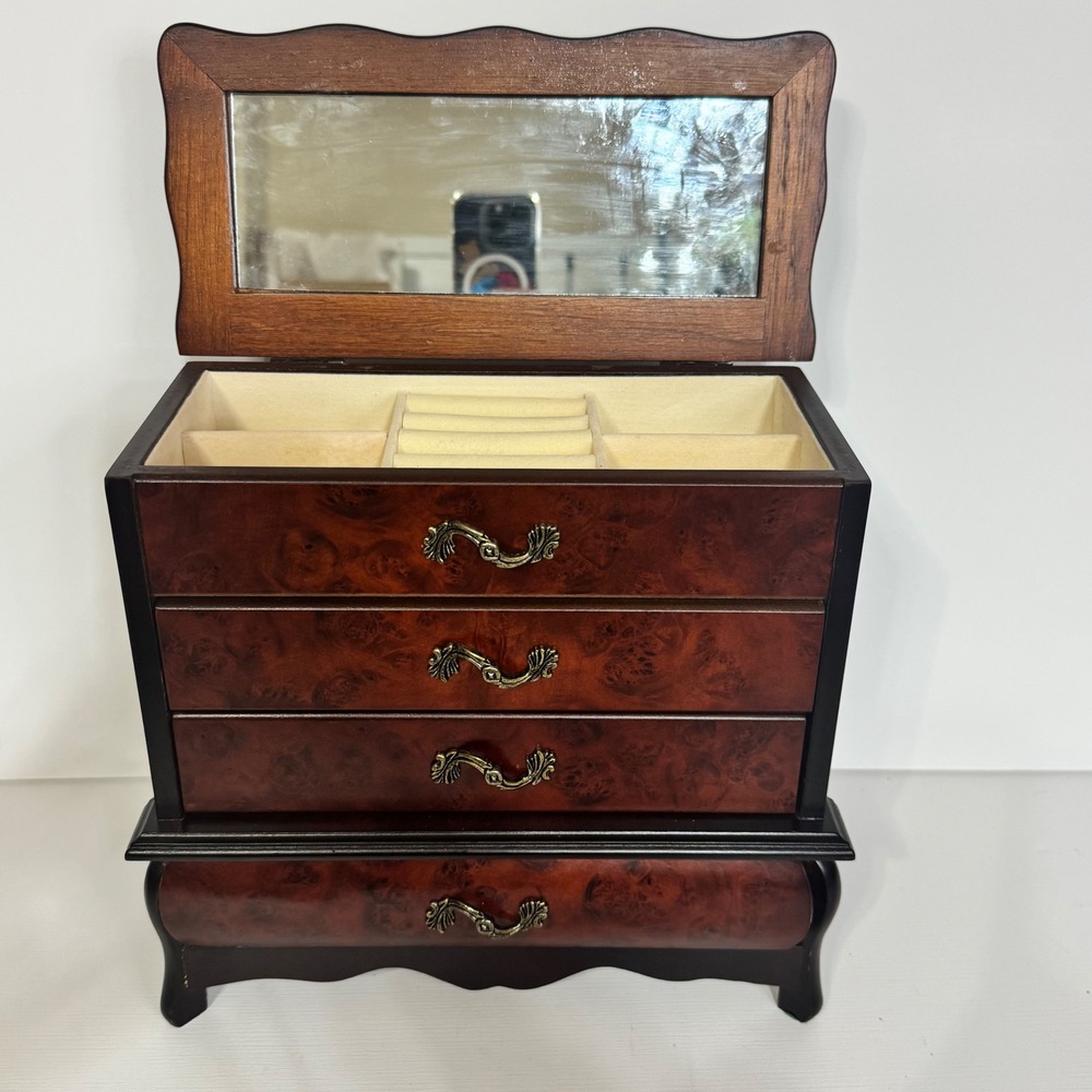 Kmart wooden jewelry box burl wood finish 4 drawers mirror chest brown black